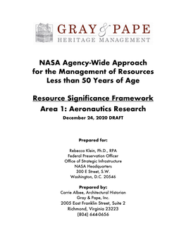 NASA Agency-Wide Approach for the Management of Resources Less Than 50 Years of Age Resource Significance Framework Area 1: Aero