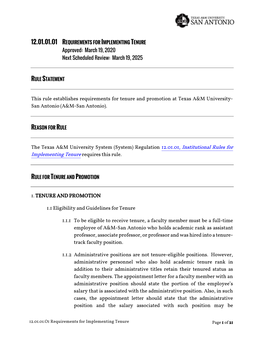 12.01.01.O1 REQUIREMENTS for IMPLEMENTING TENURE Approved: March 19, 2020 Next Scheduled Review: March 19, 2025