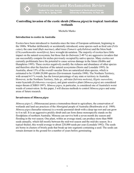 Controlling Invasion of the Exotic Shrub (Mimosa Pigra) in Tropical Australian Wetlands