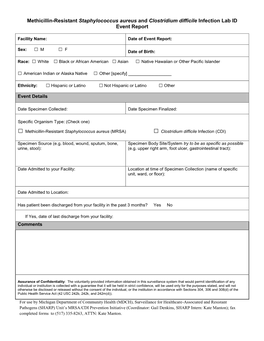 Methicillin-Resistant Staphylococcus Aureus and Clostridium Difficile Infection Lab ID Event Report