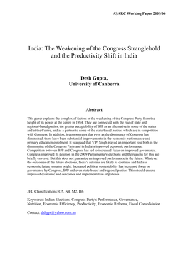 India: the Weakening of the Congress Stranglehold and the Productivity Shift in India