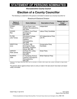 STATEMENT of PERSONS NOMINATED Election of a County