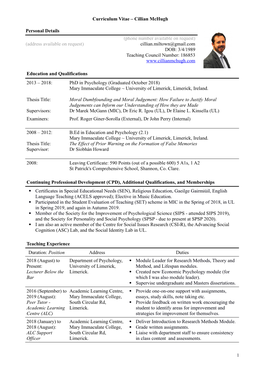 Curriculum Vitae – Cillian Mchugh Personal Details (Address Available on Request) (Phone Number Available on Request) Cillian