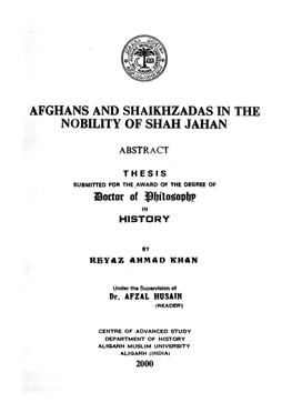 Afghans and Shaikhzadas in the Nobility of Shah Jahan