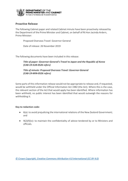 GOVERNOR-GENERAL’S TRAVEL to JAPAN and the REPUBLIC of KOREA Proposal