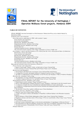 Final Report for the University of Nottingham / Operation Wallacea Forest Projects, Honduras 2004