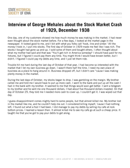 Interview of George Mehales About the Stock Market Crash of 1929, December 1938