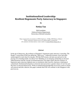 Institutionalized Leadership: Resilient Hegemonic Party Autocracy in Singapore