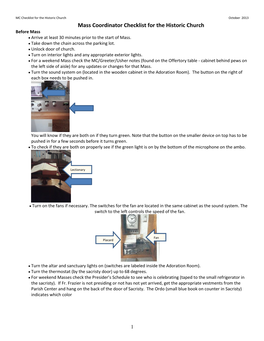 Mass Coordinator Checklist for the Historic Church Before Mass • Arrive at Least 30 Minutes Prior to the Start of Mass