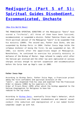 Medjugorje (Part 5 of 5): Spiritual Guides Disobedient, Excommunicated, Unchaste