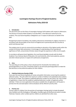 Leamington Hastings Church of England Academy Admissions Policy 2019 -20 Page | 1