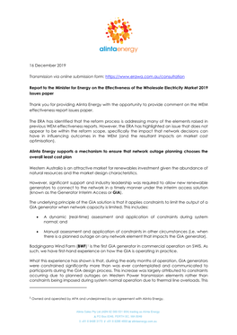 Alinta Energy with the Opportunity to Provide Comment on the WEM Effectiveness Report Issues Paper