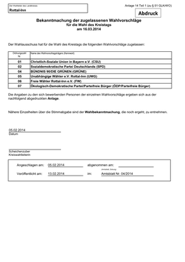 Abdruck Bekanntmachung Der Zugelassenen Wahlvorschläge Für Die Wahl Des Kreistags Am 16.03.2014