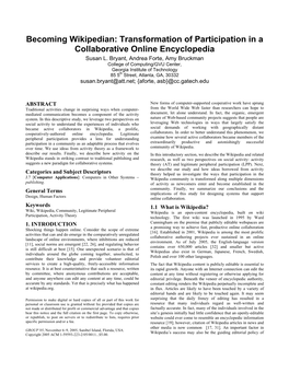 Transformation of Participation in a Collaborative Online Encyclopedia Susan L