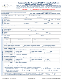 PT/OT Therapy Intake Form Required for All MSK Conditions (Including Hand) Please Use This Fax Form for NON-URGENT Requests Only