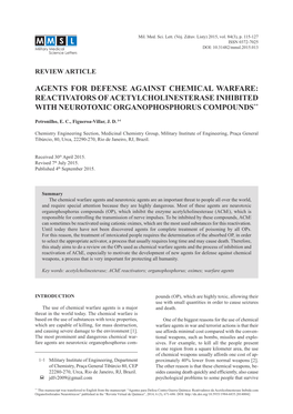 Agents for Defense Against Chemical Warfare: Reactivators of Acetylcholinesterase Inhibited with Neurotoxic Organophosphorus Compounds **