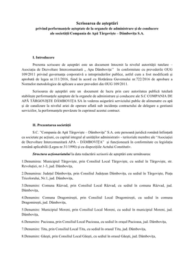 Scrisoarea De Așteptări Privind Performanțele Așteptate De La Organele De Administrare Și De Conducere Ale Societății Compania De Apă Târgoviște – Dâmbovița S.A