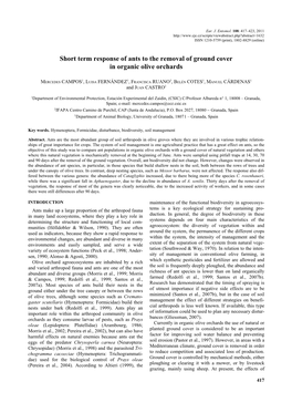 Short Term Response of Ants to the Removal of Ground Cover in Organic Olive Orchards