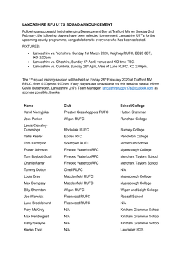 Lancashire Rfu U17s Squad Announcement