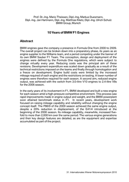 10 Years of BMW F1 Engines Abstract