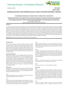 Pharmacognostic and Pharmacological Aspect of Bacopa Monnieri: a Review