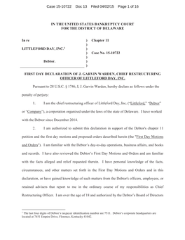 IN the UNITED STATES BANKRUPTCY COURT for the DISTRICT of DELAWARE in Re LITTLEFORD DAY, INC.1 Debtor. ) ) ) ) ) ) ) Chapter 11