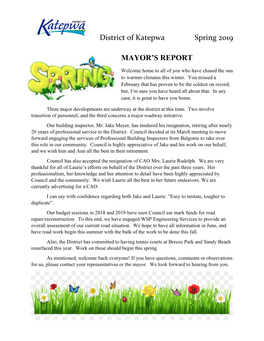 District of Katepwa Spring 2019 MAYOR's REPORT