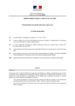 ARRETE PREFECTORAL N°2007/ 417 Du 21/11/2007 Portant Fixation Du Seuil De Surface Des Coupes Rases Le Préfet Du Bas-Rhin