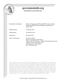 Bureau of Engraving and Printing (BEP) Inventory Listing the Numerous BEP Historical Postage Stamp Production Folders, 2016