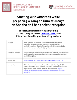 Starting with Anacreon While Preparing a Compendium of Essays on Sappho and Her Ancient Reception