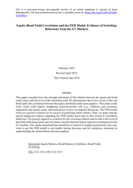 Equity-Bond Yield Correlation and the FED Model: Evidence of Switching Behaviour from the G7 Markets