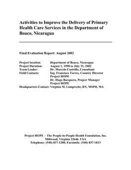 Activities to Improve the Delivery of Primary Health Care Services in the Department of Boaco, Nicaragua