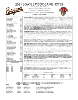 2021 BOWIE BAYSOX GAME NOTES Saturday, May 8, 2021 - 4:00 P.M
