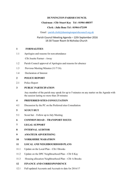 Parish Council Meeting Agenda – 12Th September 2016 19.30 Tower Room St Nicholas Church