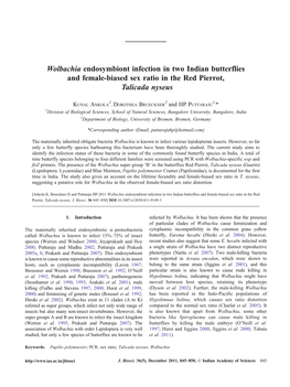 Wolbachia Endosymbiont Infection in Two Indian Butterflies and Female-Biased Sex Ratio in the Red Pierrot, Talicada Nyseus
