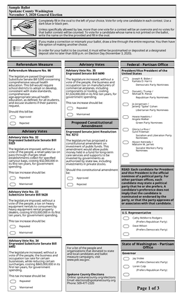 Sample Ballot Spokane County Washington November 3, 2020 General Election Completely Fill in the Oval to the Left of Your Choice