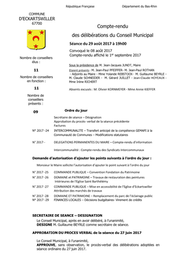 Compte-Rendu Des Délibérations Du Conseil Municipal Séance Du 29 Août 2017 À 19H00