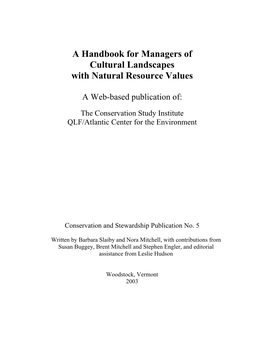 A Handbook for Managers of Cultural Landscapes with Natural Resource Values