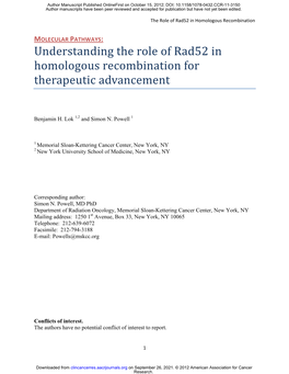 Understanding the Role of Rad52 in Homologous Recombination for Therapeutic Advancement