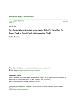 Sex-Based Wage Discrimination Under Title VII: Equal Pay for Equal Work Or Equal Pay for Comparable Work?