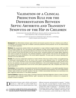 Validation of a Clinical Prediction Rule for the Differentiation Between Septic Arthritis and Transient Synovitis of the Hip in Children by MININDER S