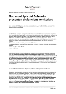 Nou Municipis Del Solsonès Presenten Disfuncions Territorials 