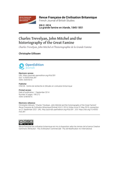 Charles Trevelyan, John Mitchel and the Historiography of the Great Famine Charles Trevelyan, John Mitchel Et L’Historiographie De La Grande Famine