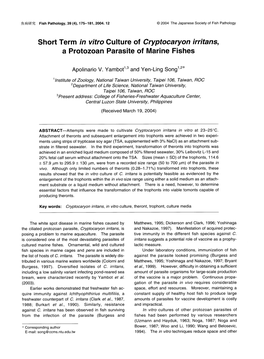 Short Term in Vitro Culture of Cryptocaryon Irritans, a Protozoan Parasite of Marine Fishes