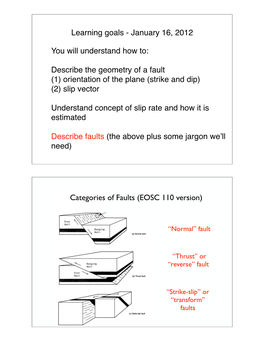 Describe the Geometry of a Fault (1) Orientation of the Plane (Strike and Dip) (2) Slip Vector