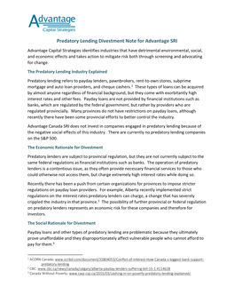 Predatory Lending Divestment Note for Advantage