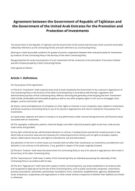 Agreement Between the Government of Republic of Tajikistan and the Government of the United Arab Emirates for the Promotion and Protection of Investments