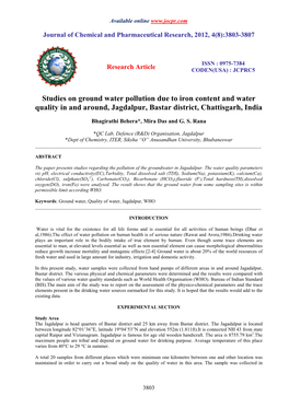 Studies on Ground Water Pollution Due to Iron Content and Water Quality in and Around, Jagdalpur, Bastar District, Chattisgarh, India