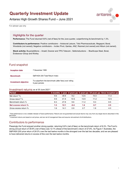 Quarterly Investment Update Antares High Growth Shares Fund – June 2021