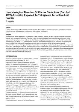 Juveniles Exposed to Tetrapleura Tetraptera Leaf Powder T Jegede